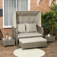 Set da giardino 4 pezzi con divano 2 posti, 1 poggiapiedi, 2 tavolini con cuscini, beige e marrone