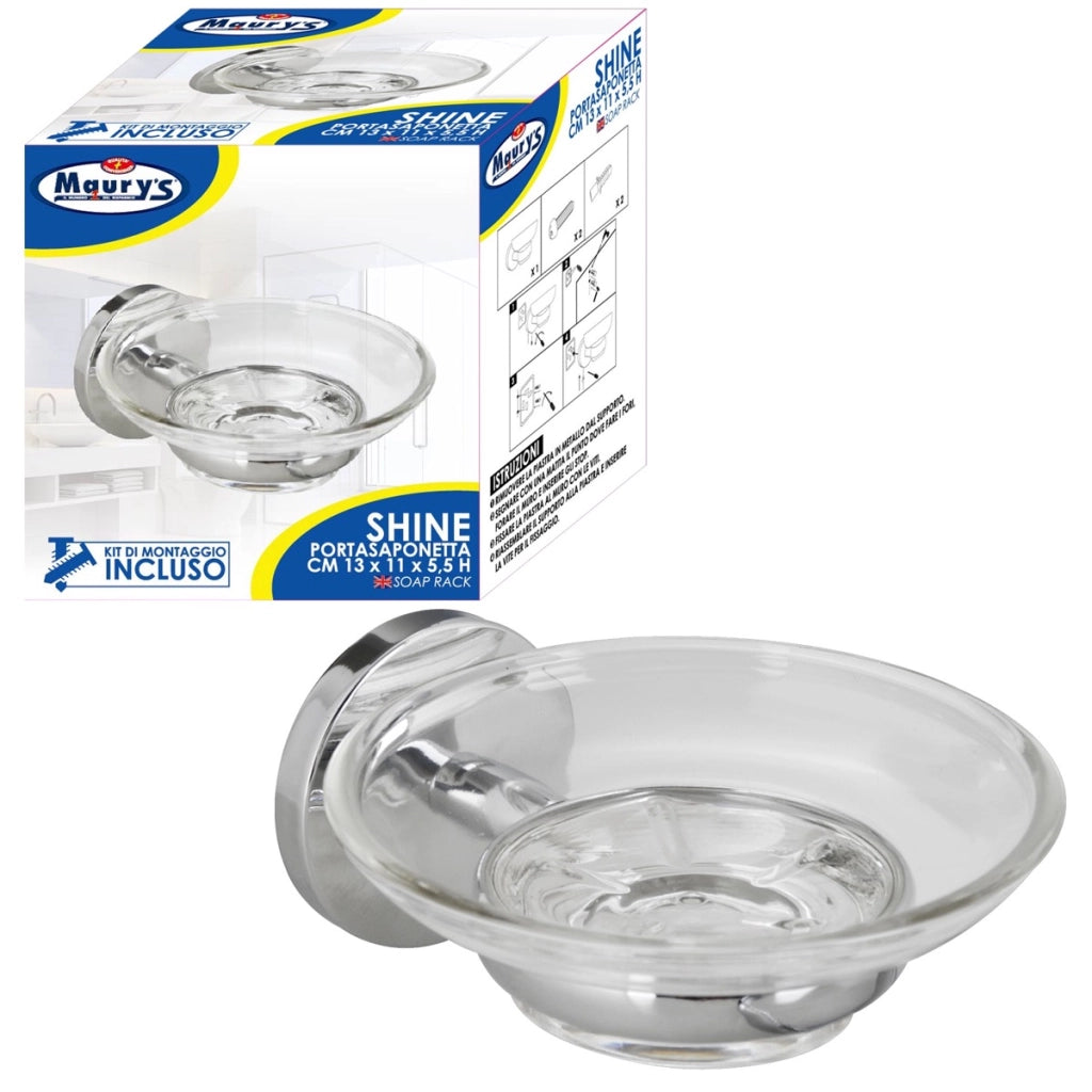MAURY'S SHINE PORTA SAPONETTA CROMATO BAGNO PIATTO IN VETRO 13 X 11 X 5,5 H CM
