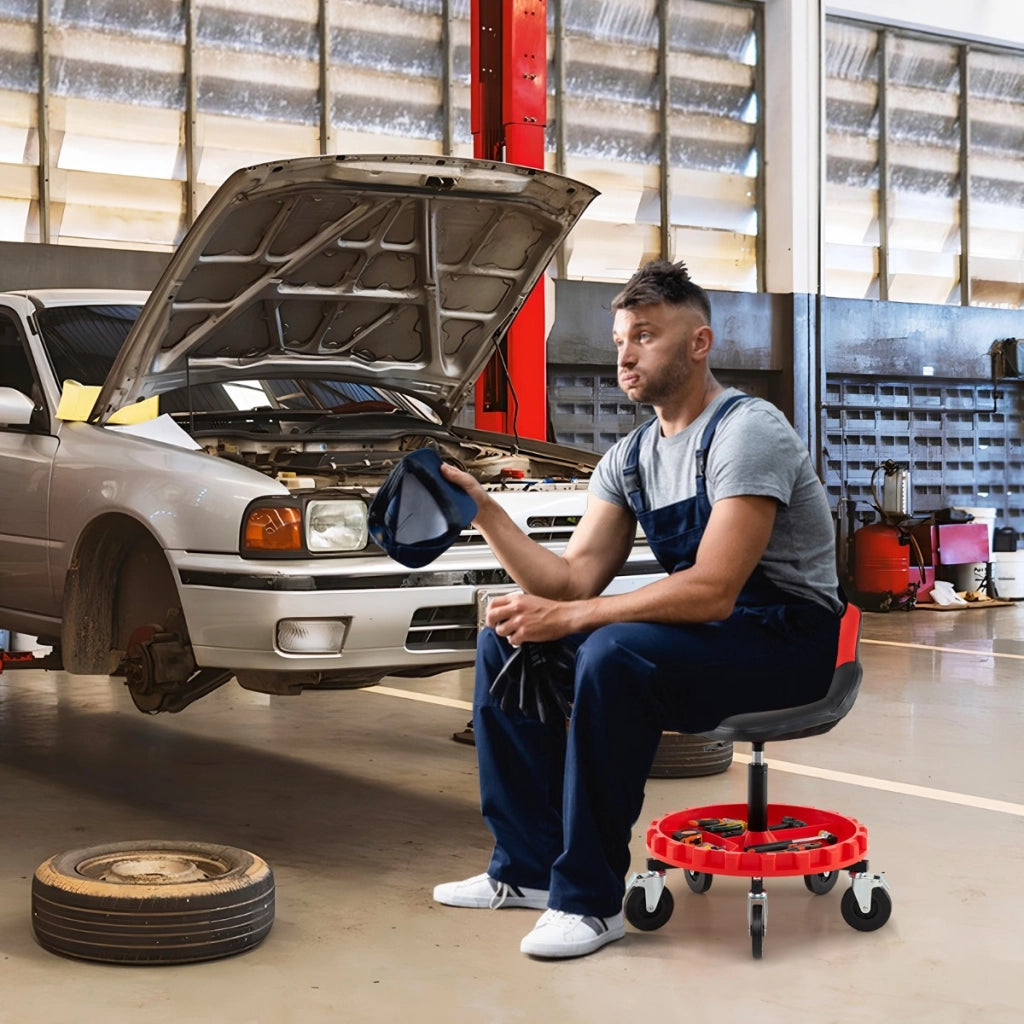 Sgabello da garage mobile con altezza regolabile e vassoio porta attrezzi, Sgabello da officina girevole per riparazioni auto