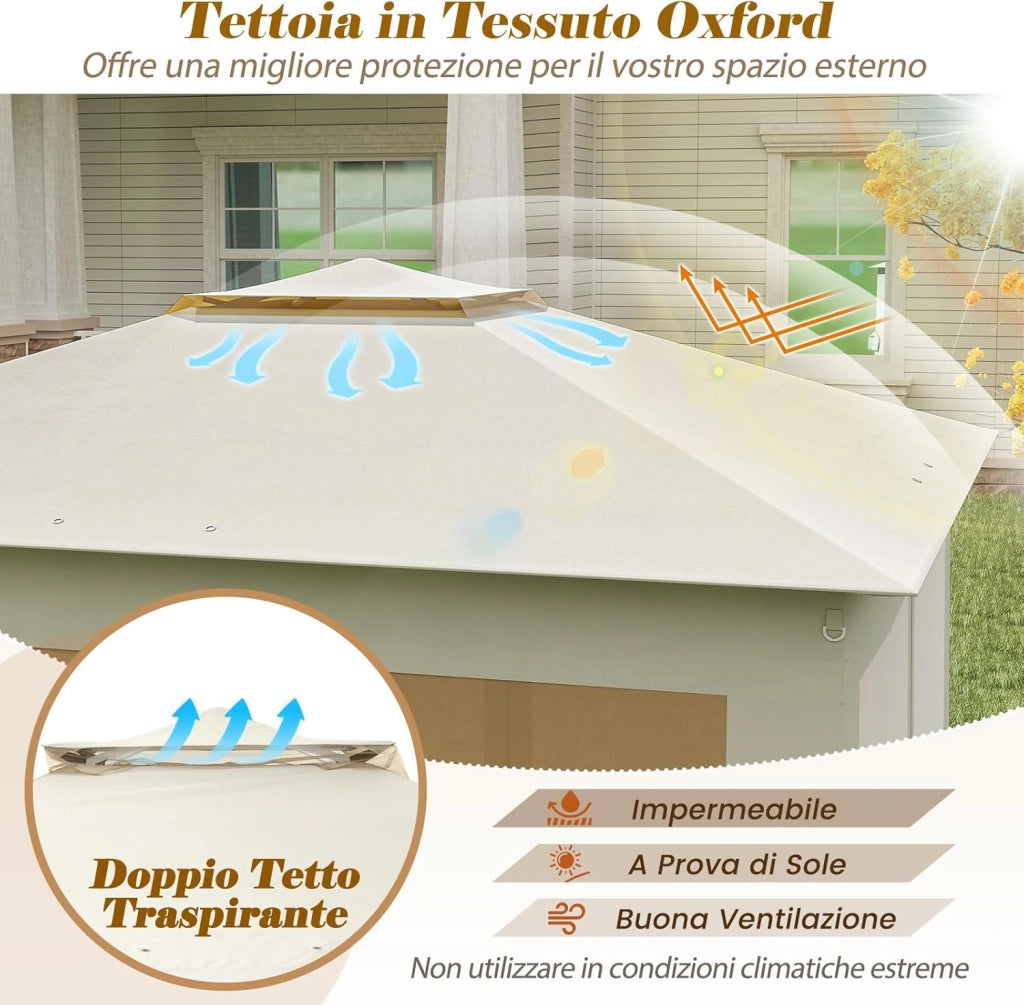 Gazebo Pieghevole 3,4 x 3,4 m con Zanzariera, Gazebo da Giardino con Tende Laterali, Tenda da Giardino Antivento Facile da Montare Resistente 210D con Borsa di Trasporto (Beige)