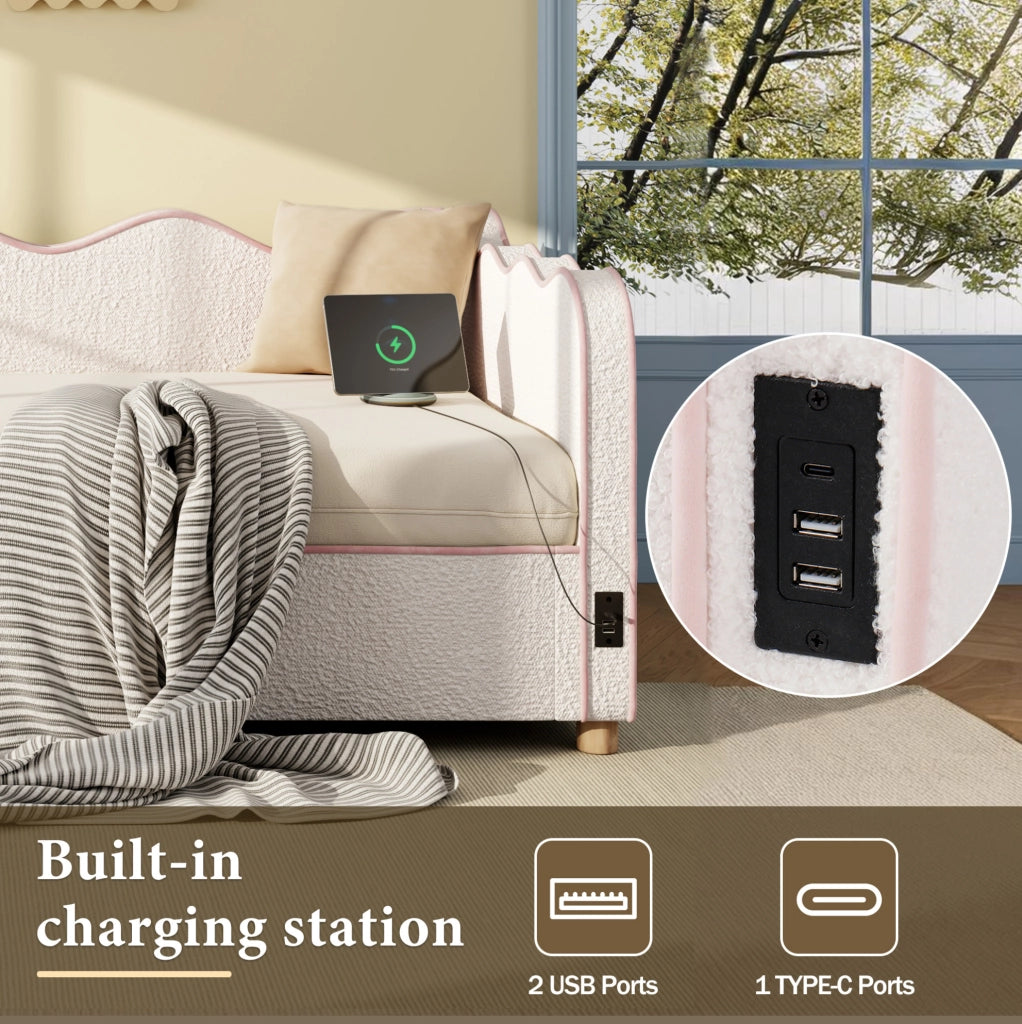 Letto imbottito ULEVR 90x200 cm con contenitore idraulico, USB e Type-C, boucl¨¦ beige
