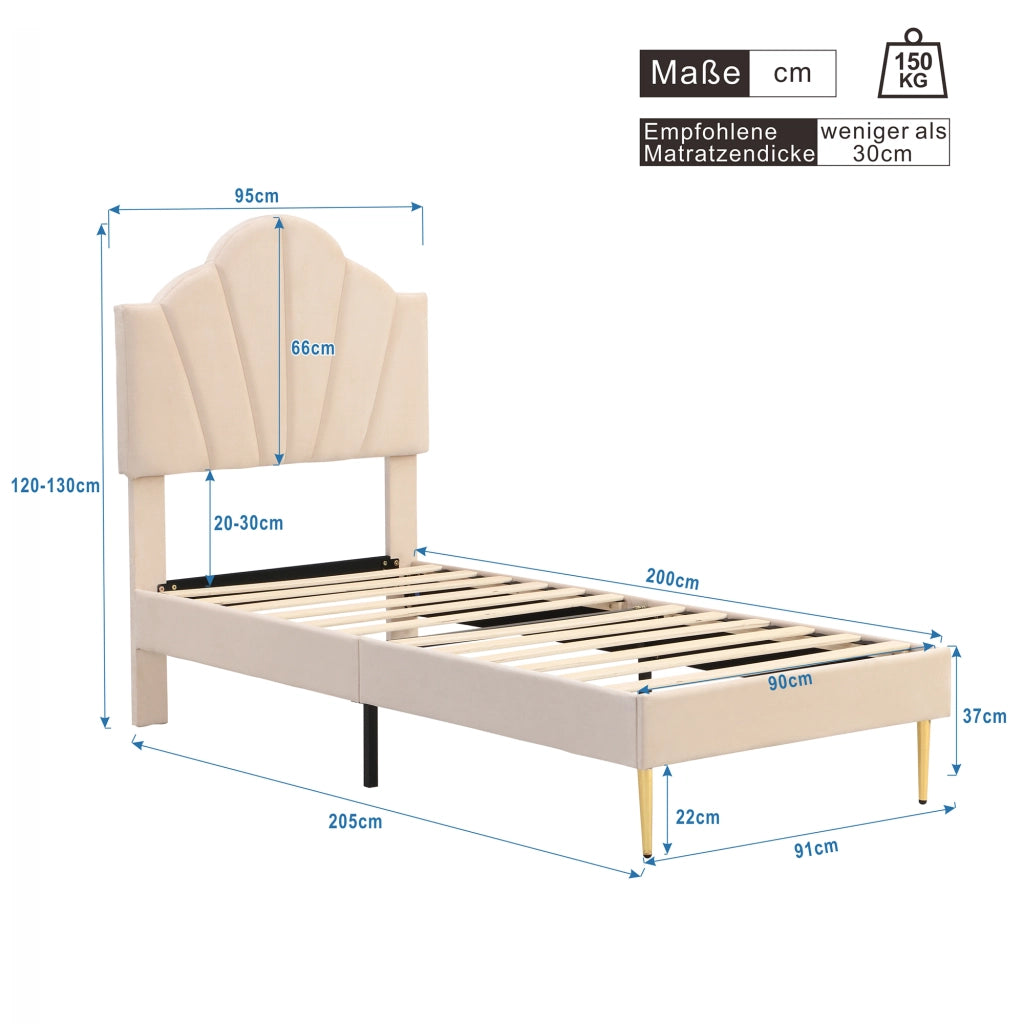 Letto imbottito in velluto beige 90x200 cm con testiera regolabile, rete a doghe in legno e metallo, panca contenitore