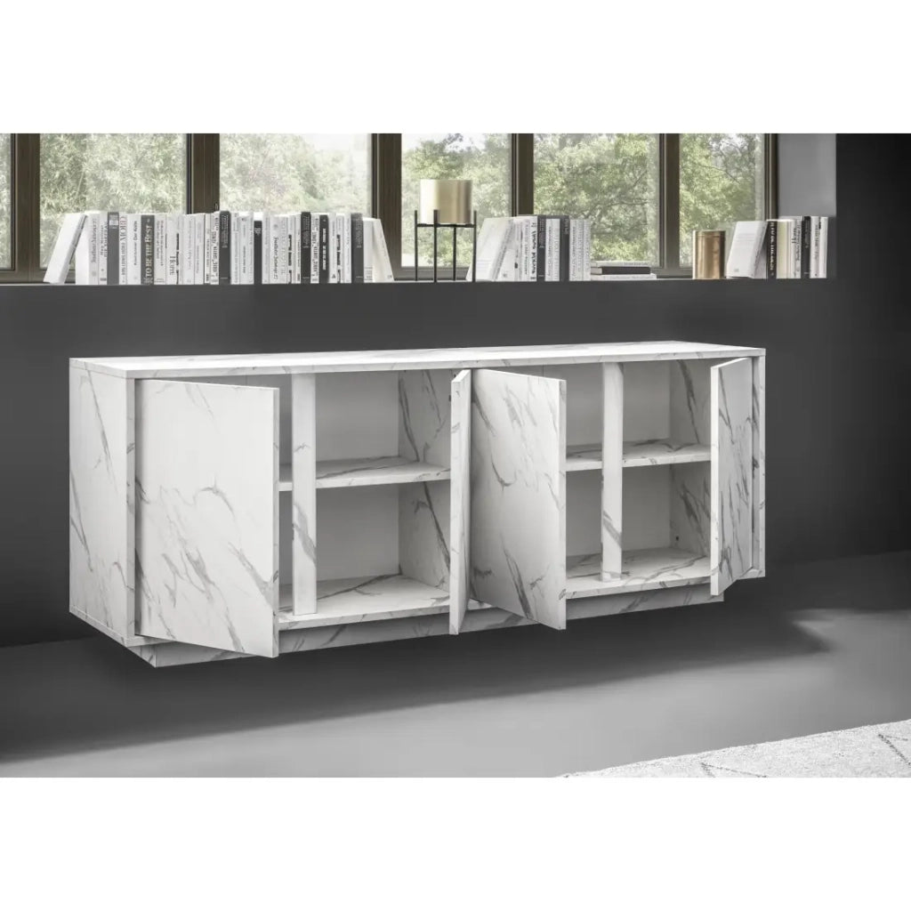 Buffet a 4 ante, collezione COLOMARMO, colore bianco effetto marmo, ideale per un soggiorno o una sala da pranzo di design.