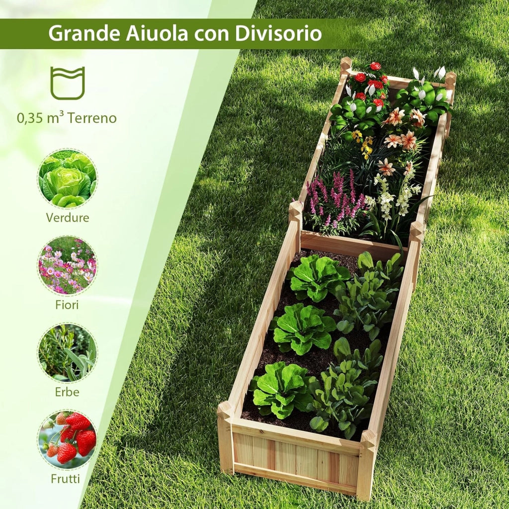 Letto da Esterno Rialzato in Legno, Fioriera Rettangolo con Divisorio, Sistema di Drenaggio, Fodera in Tessuto non Tessuto, Orto Rialzato per Giardino e Cortile, 227 x 59,5 x 40 cm (Naturale)