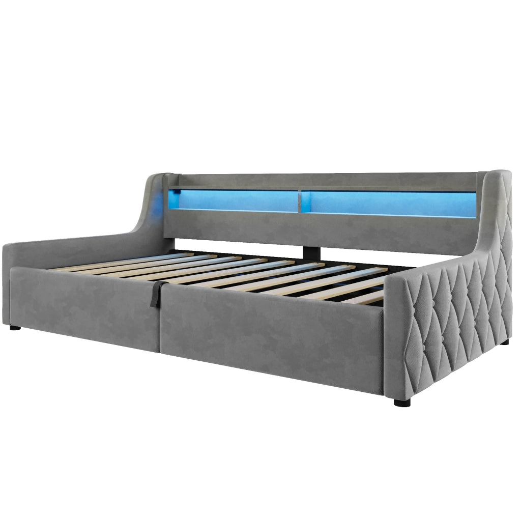 Letto 90x200 cm con contenitore e LED in flanella grigio
