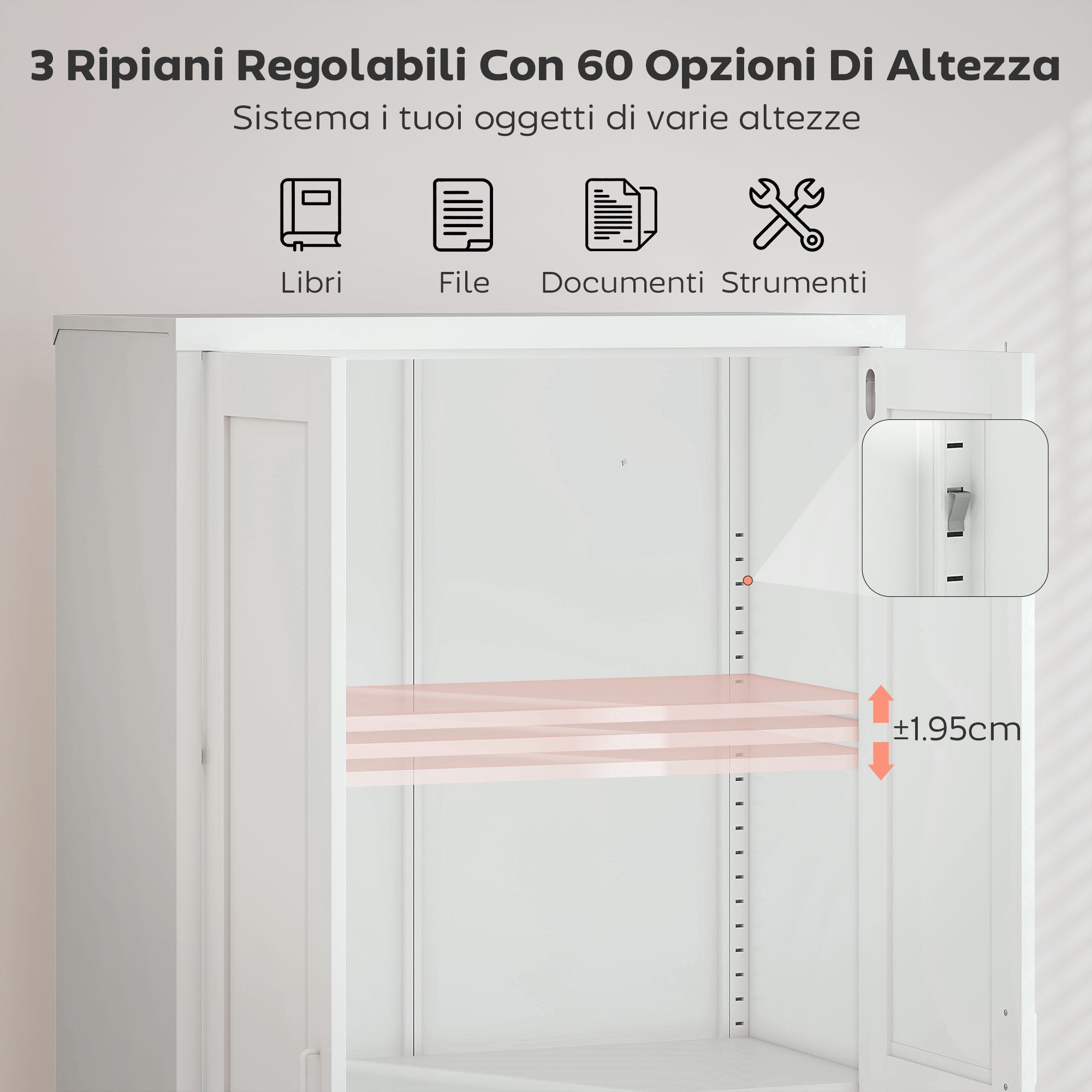 Armadio per Ufficio 80x40x175 cm a 3 Ripiani Regolabili con Serratura e 2 Chiavi in Acciaio Bianco