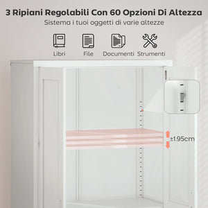 Armadio per Ufficio 80x40x175 cm a 3 Ripiani Regolabili con Serratura e 2 Chiavi in Acciaio Bianco