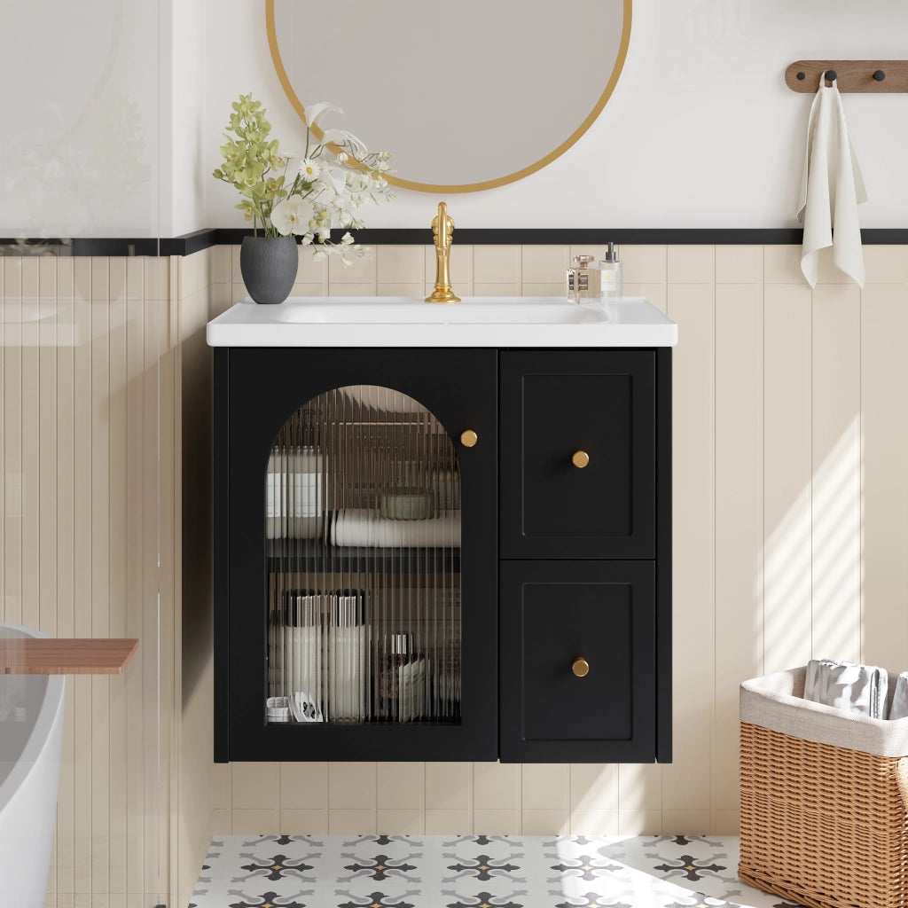 Mobile Bagno Sospeso con Lavabo in Ceramica, LED e Anta in Vetro ¨C MINIMAL ¨C Nero/Bianco