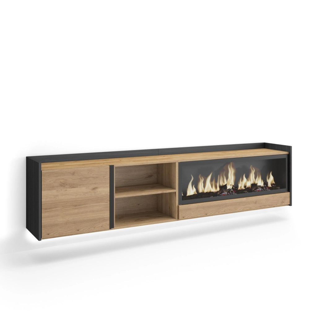 Mobile TV Soggiorno, 212x50x35 cm, Per TV fino a 80", Camino elettrico XXL, Sospeso, da appendere, LED, Rovere e nero