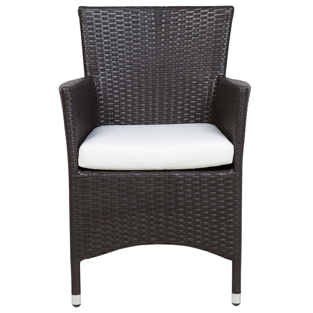 Set di 2 sedie da pranzo da giardino cuscini bianchi in finto rattan marrone