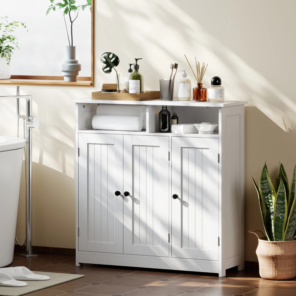 Armadio da Bagno Stretto con 3 Ante e 2 Compartimenti Aperti ¨C Zephmum ¨C Bianco 85x30x85 cm
