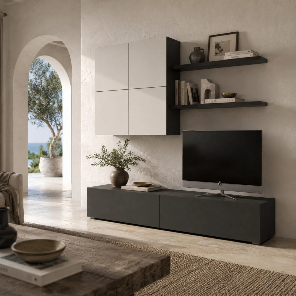 Parete Attrezzata Per Soggiorno Con Mobile Base TV 2 Ante Pensile 4 Ante E 2 Mensole Stile Contemporaneo In Melaminico Facile Da Pulire Bianco E Grigio Grafite