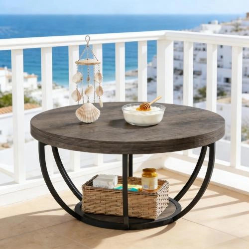 Tavolino da caffè con 2 ripiani - per soggiorno - in metallo e legno - grigio - 89×86.5×10.5 cm