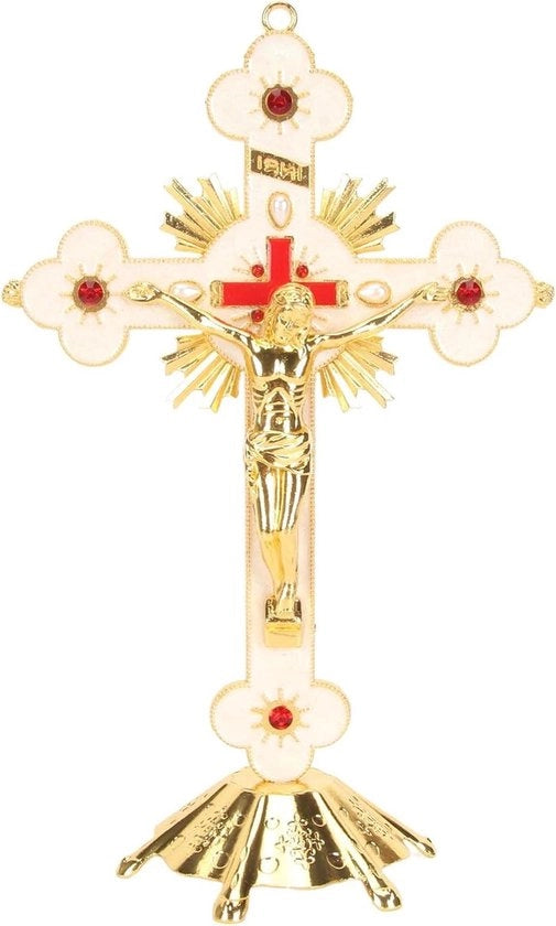 Croce di Cristo in Metallo Elevato Decorazione Retro Stile Elegante con Strass Rosso
