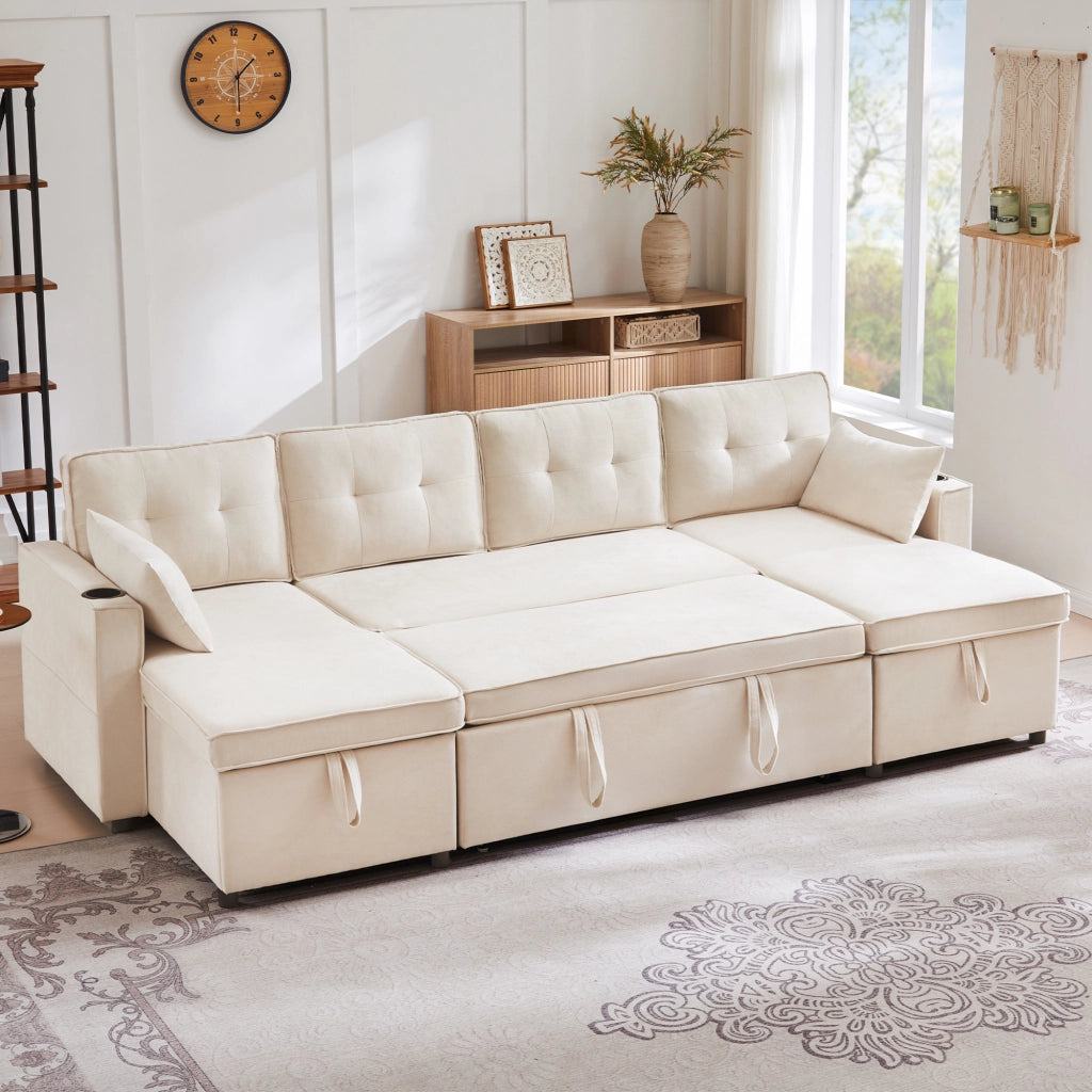 DIVANO LETTO U-forma 270 x 130 x 86 cm Beige in cotone e lino