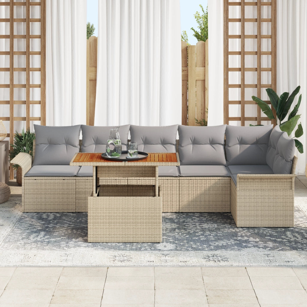 Set da pranzo da giardino da 7 pezzi con cuscini beige in polirattan acacia