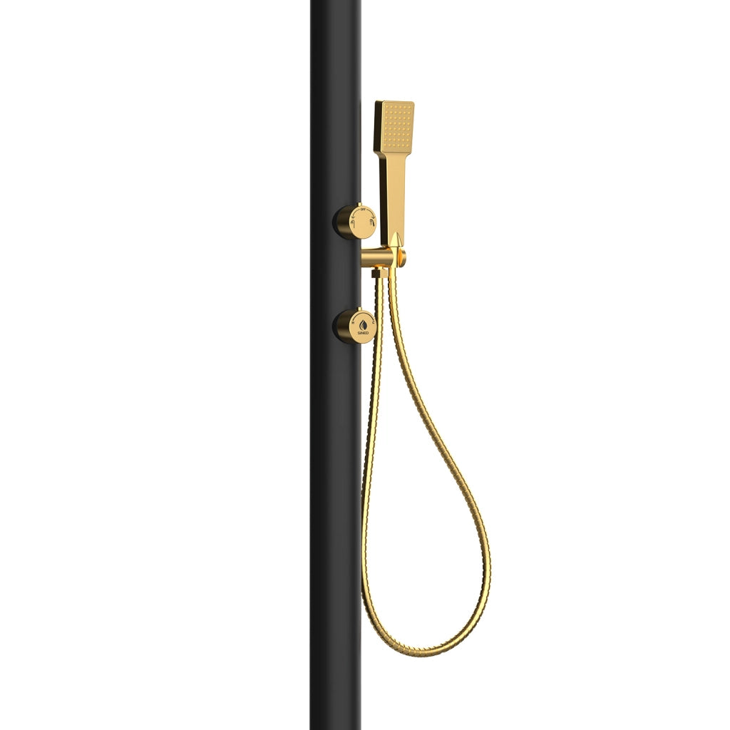 SINED Doccia in Alluminio Nero e Oro con Doccino Mobile per Acqua Calda e Fredda Soffione Rotondo Anticalcare Doppio Attacco Inferiore e Laterale Modello LUNA ALU D NERA ORO