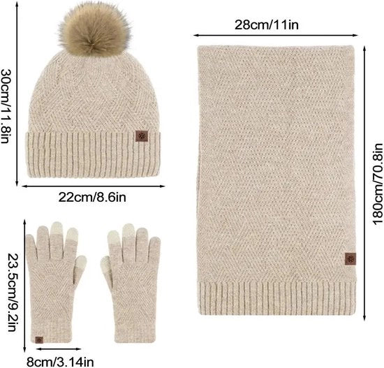 Cappello, guanti e scialle per donne - Beige - Cappello, guanti e scialle - Cappello di lana soffice - Adulti - Cappello a pompon, scialle lungo, guanti touchscreen - Offerta Black Friday - Regalo di Natale per donne