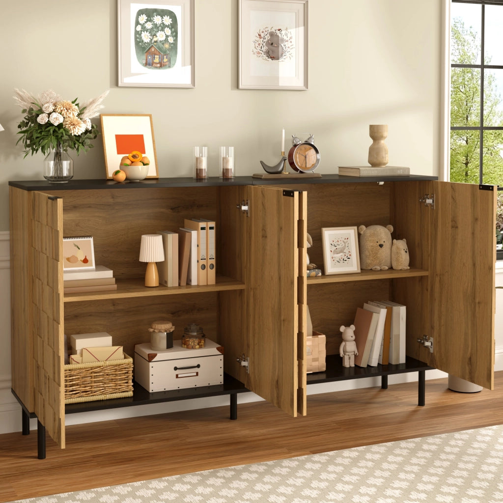 Credenza a 2 ante con ripiano fisso, effetto mosaico, per soggiorno, in truciolato, naturale e nero, 160 × 35 × 80,5 cm