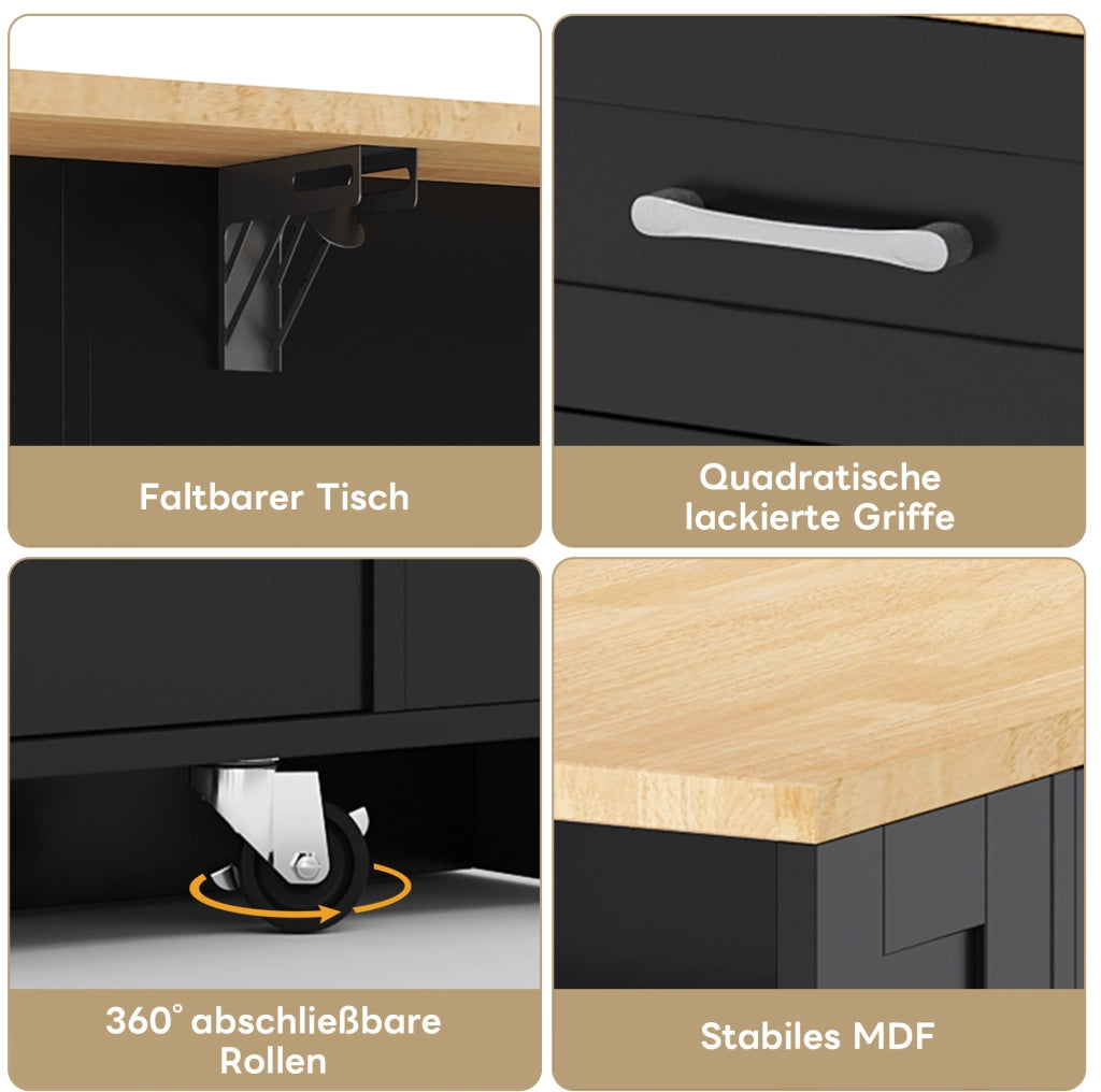 Isola da cucina su ruote con tavolo ribaltabile; prese AC e USB; 120 cm; MDF; nero e naturale
