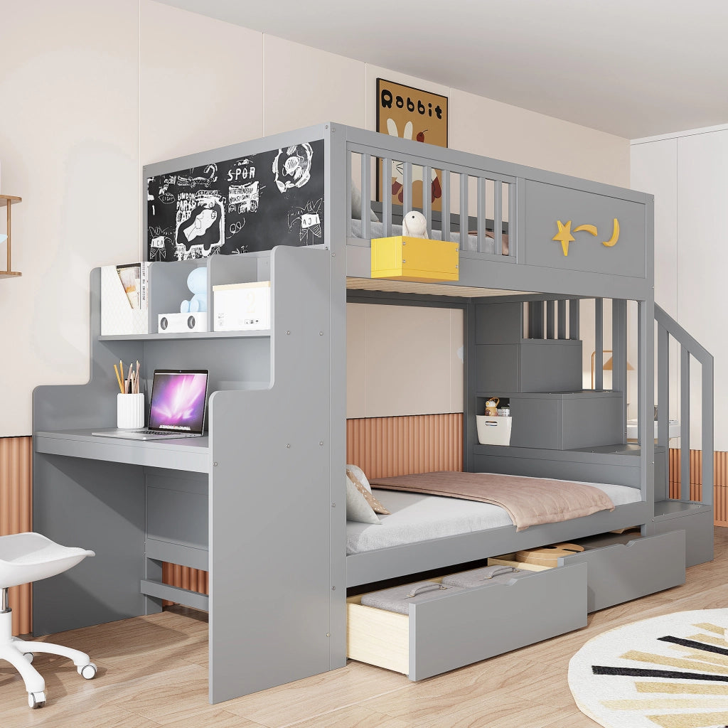 Letto a Castello 90×200 cm; Letto Singolo con 2 Cassetti; Scala di Sicurezza e Scrivania; senza Materasso; Grigio