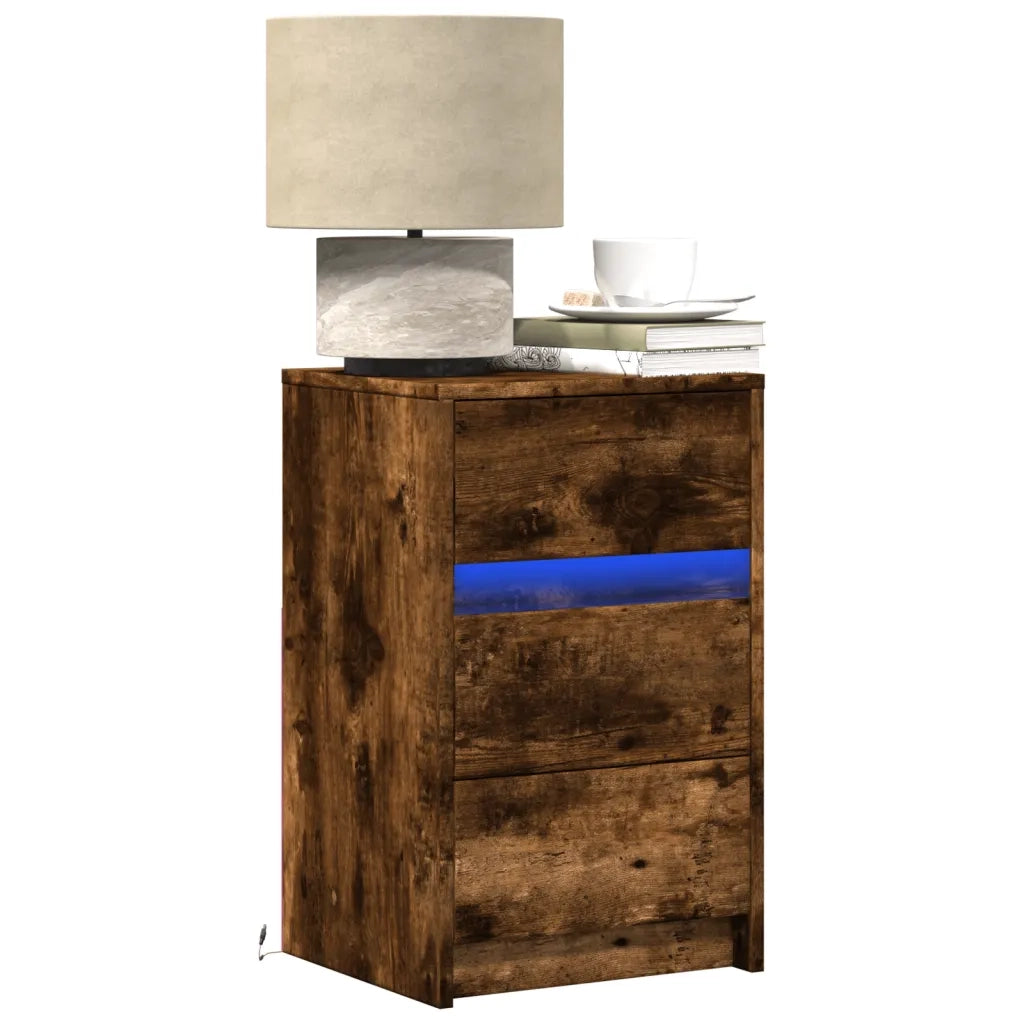 Comodino con Luci LED-Tavolino da notte Rovere Fumo in Legno Multistrato 904337