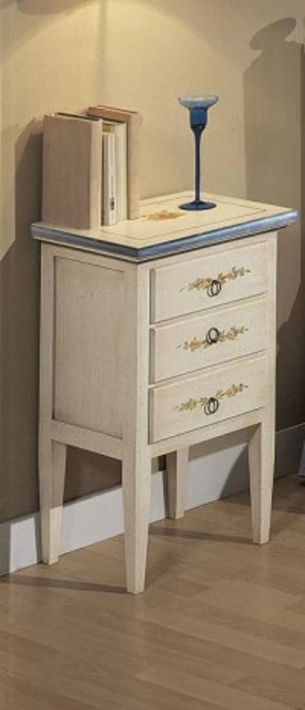 Comodino 3 cassetti bianco filo blu in legno 43x33x70 (1323) - Mobili 2G