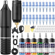 Kit per Tatuaggio a Batteria Senza Fili con Batteria 1300 mAh, 6 Colori di Inchiostro per Tatuaggio, 20 Aghi e Pelle di Addestramento