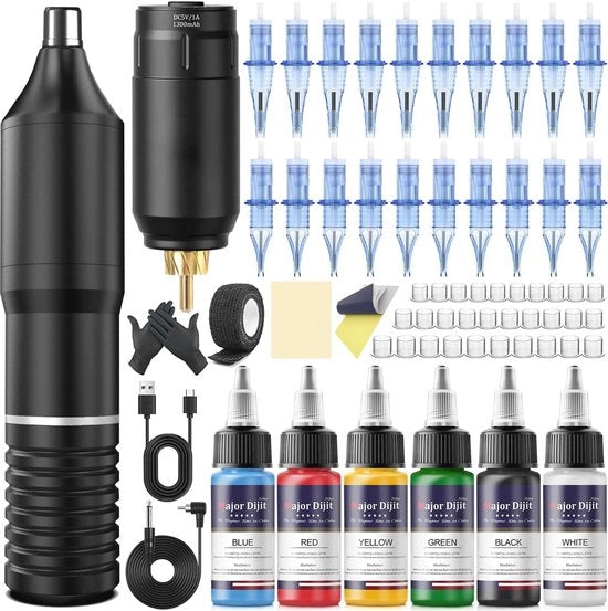 Kit per Tatuaggio a Batteria Senza Fili con Batteria 1300 mAh, 6 Colori di Inchiostro per Tatuaggio, 20 Aghi e Pelle di Addestramento