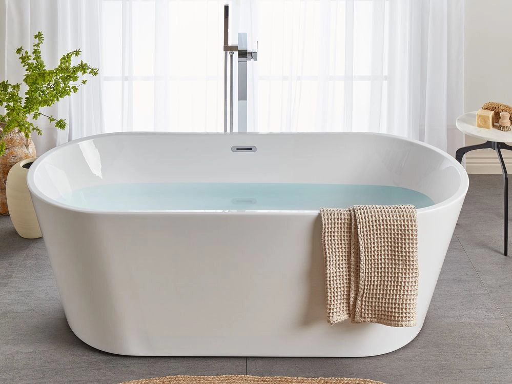 Vasca freestanding bianco sanitario acrilico singolo 160 x 80 cm forma ovale troppopieno sistema design moderno