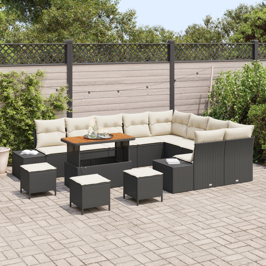 Set Divano Giardino  13 Pezzi con Cuscini Nero Polyrattan Acacia