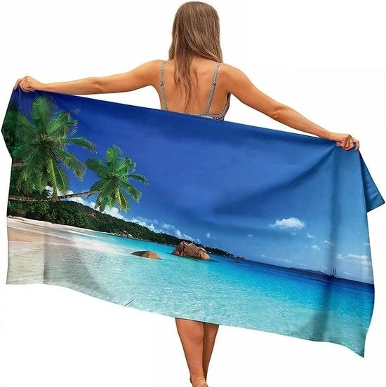 Asciugamano per la spiaggia con paesaggio naturale di isola marina e palme - asciugamano microfibra rapido asciugatura - 160 x 80 cm - per viaggi, fitness e yoga - blu