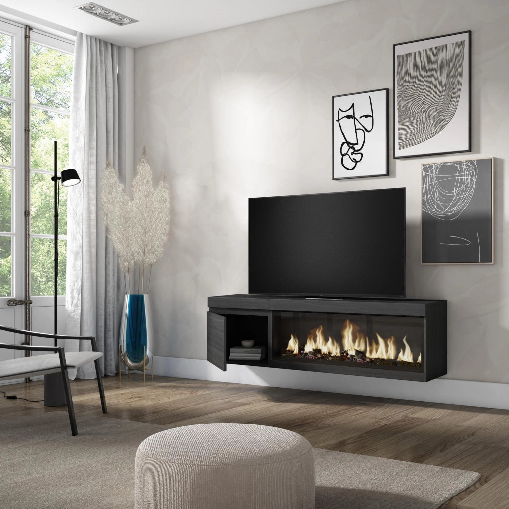 Mobile TV Soggiorno, 158x35x45cm, Per TV fino a 65", Camino elettrico XXL, da appendere, Nero RF3248