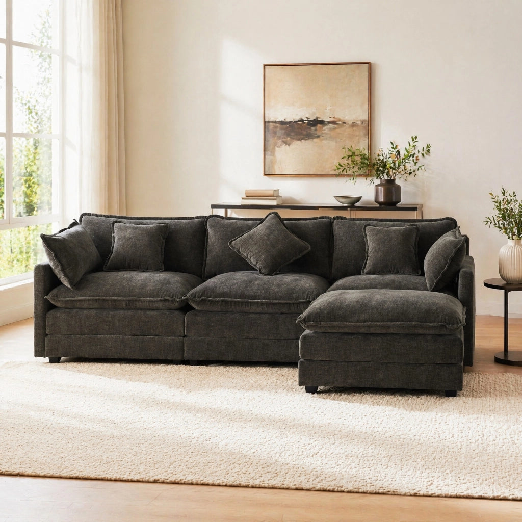 DIVANO Angolare L 283x147x84 cm in Chenille Grigio scuro con pouf mobile