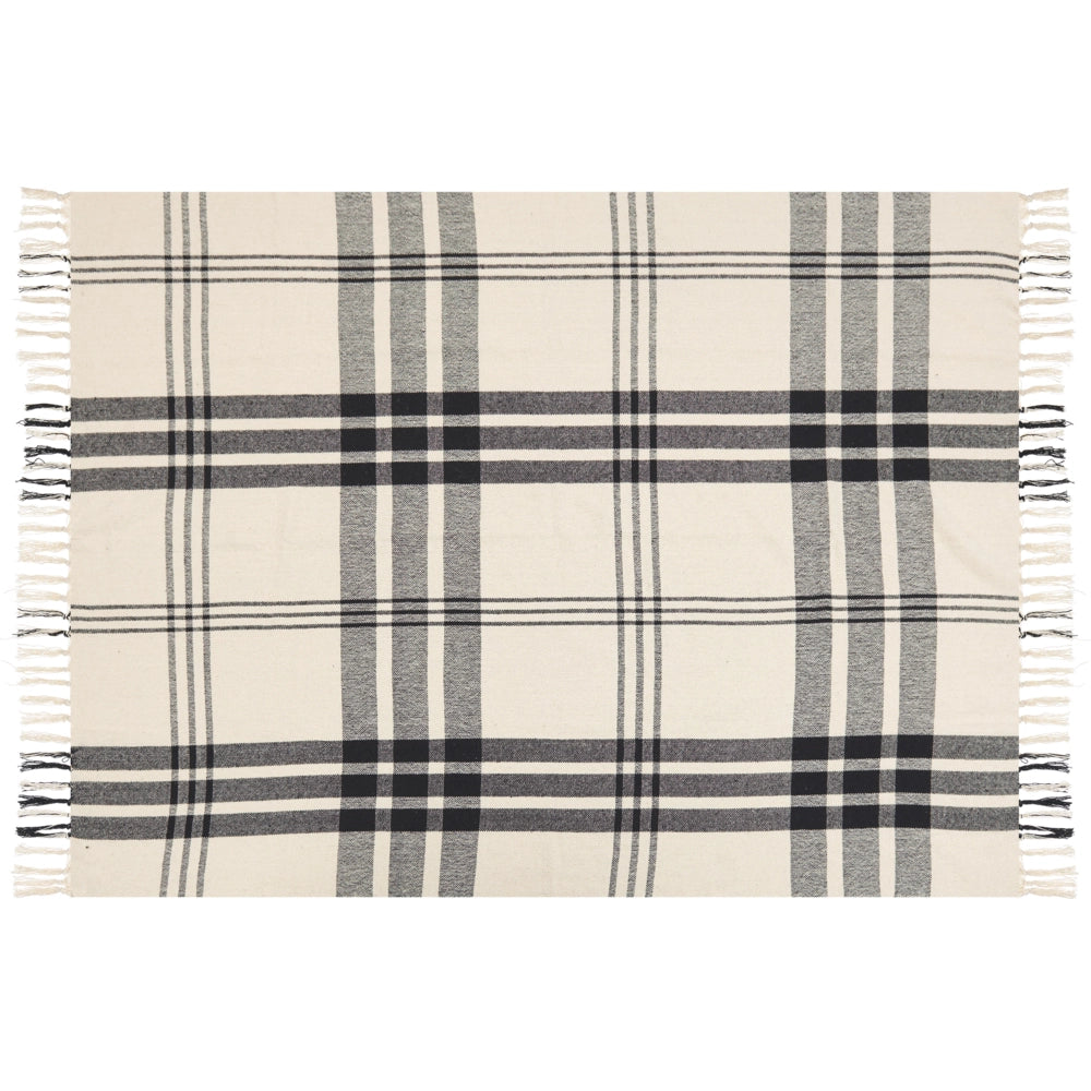 Coperta in cotone bianco sporco e nero 130 x 170 cm con frange decorative fatte a mano