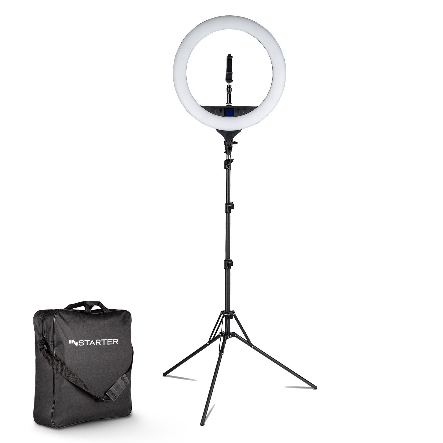 Instarter Ring light a LED con treppiedi, Luce ad anello orientabile a 180°, Lampada per video da 60 W bicolore, illuminazione regolabile