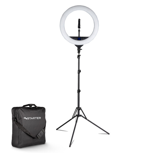 Instarter Ring light a LED con treppiedi, Luce ad anello orientabile a 180°, Lampada per video da 60 W bicolore, illuminazione regolabile