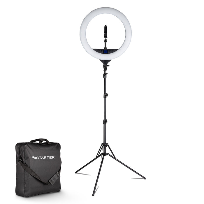 Instarter Ring light a LED con treppiedi, Luce ad anello orientabile a 180°, Lampada per video da 60 W bicolore, illuminazione regolabile