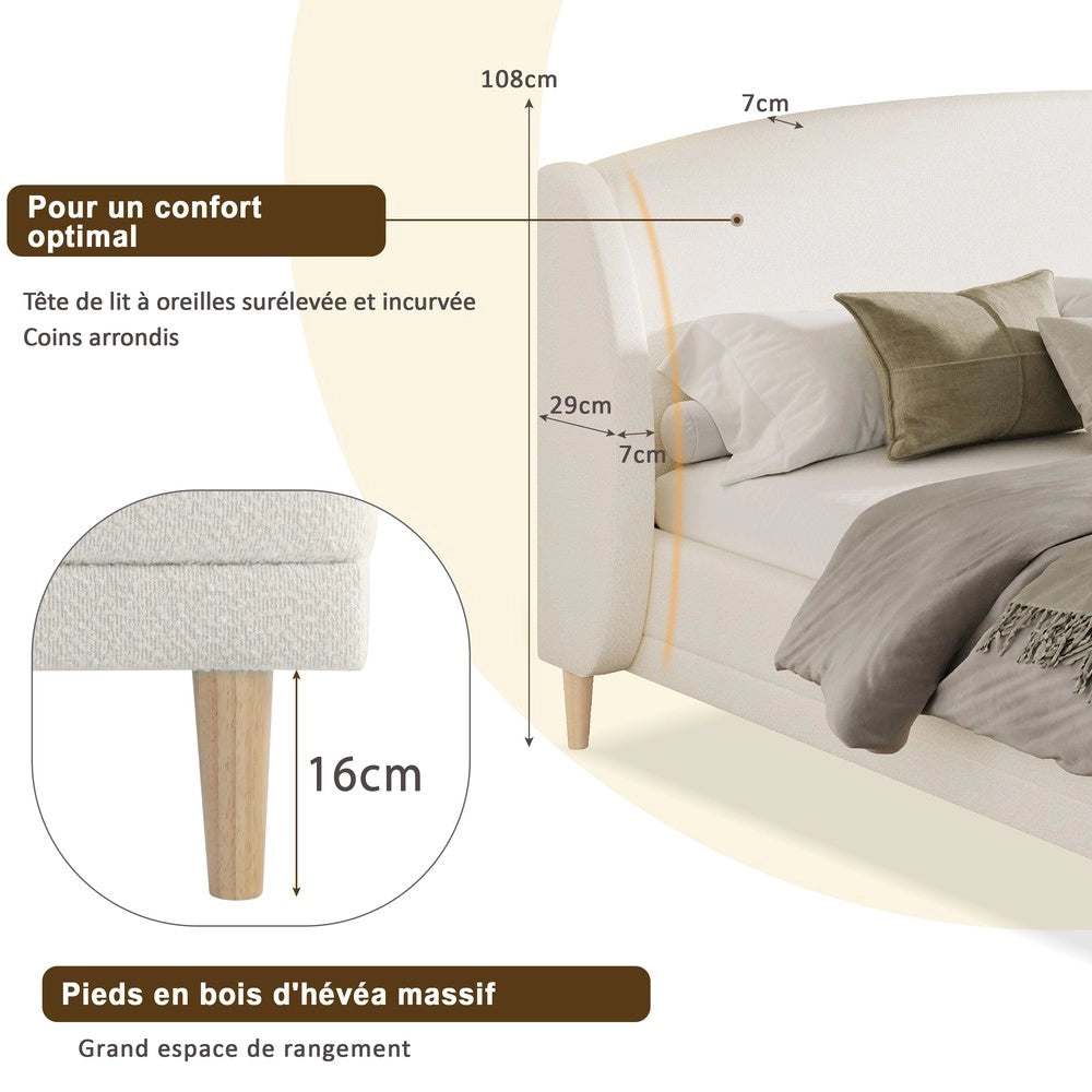 Letto Imbottito Boucl¨¦ con Testiera a Orecchie ¨C MINIMAL ¨C Bianco Avorio, 140x190, Doghe