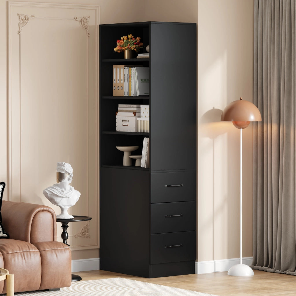 LIBRERIA 180 cm 60x38x180 cm in pannello truciolare nero con 3 cassetti laterali