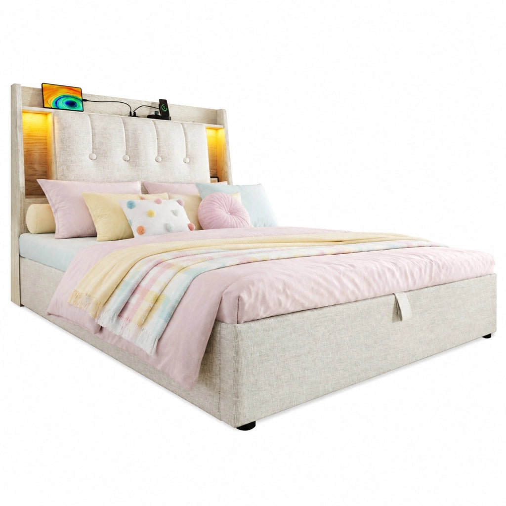 Letto imbottito 90x200 cm con USB e Type-C; contenitore ribaltabile; LED; beige