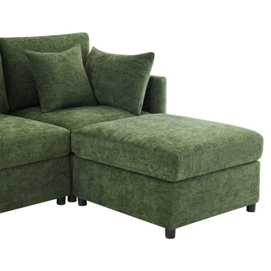 Sofa modulare angolare 216x161x81 cm in chenille verde; con pouf mobile e 4 cuscini