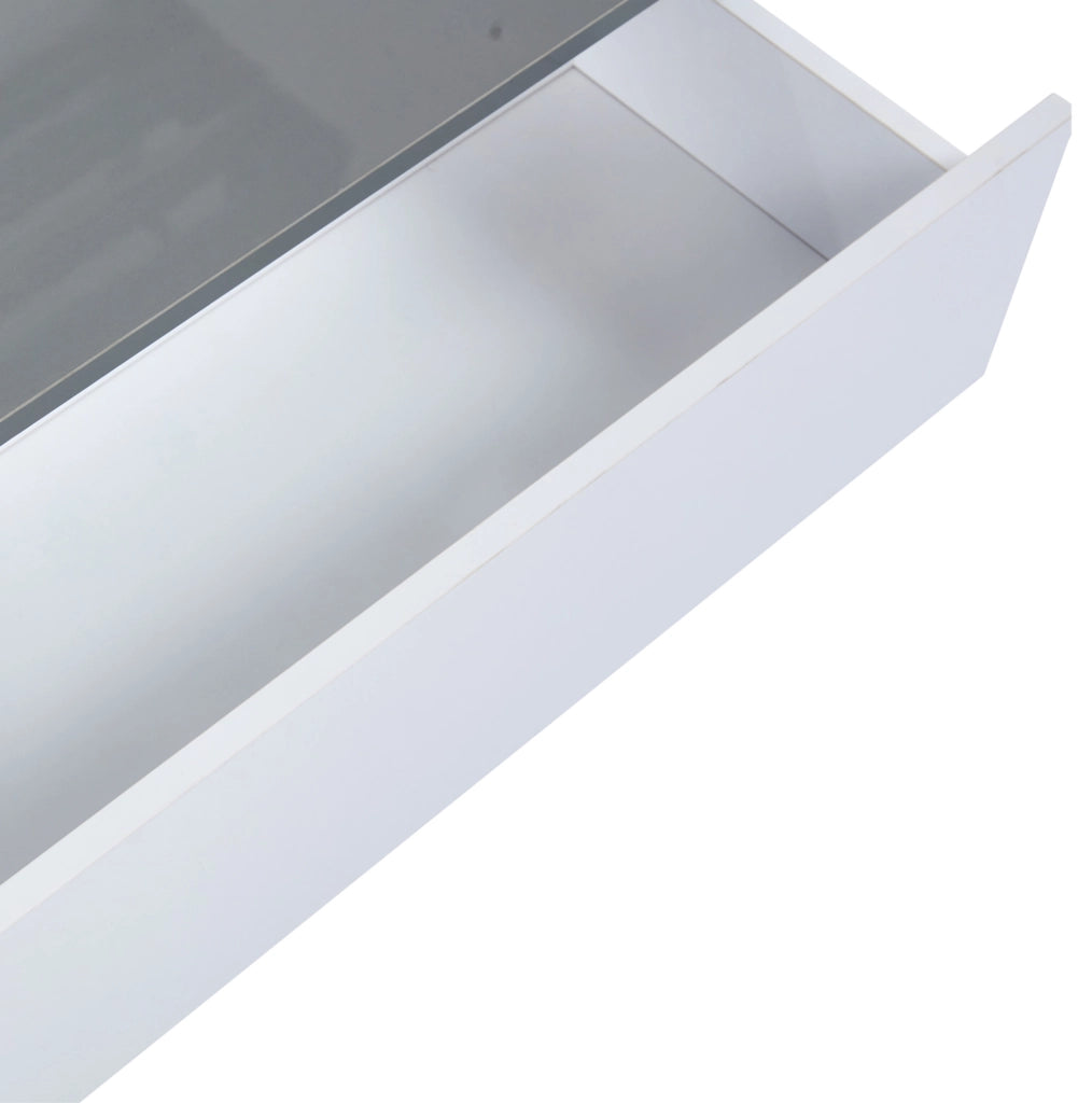 Tavolino da caffè sollevabile 70x70x35 cm con LED; ripiani interni e cassetto; bianco e grigio