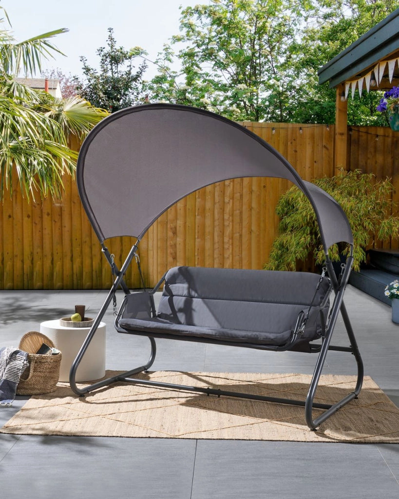 Dondolo da giardino grigio scuro con struttura in acciaio a 2 posti per esterni idrorepellente