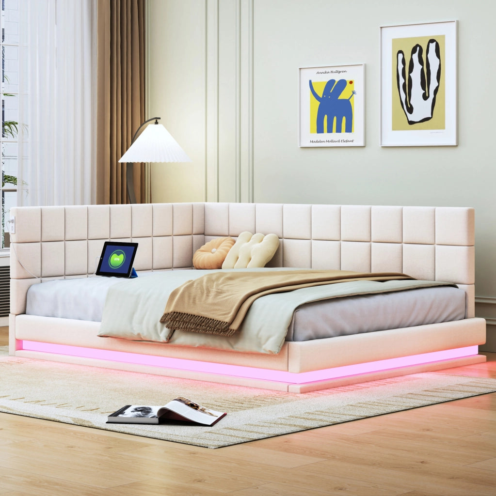 Divano letto imbottito 140x200 cm in lino beige con LED; presa USB e rete a doghe