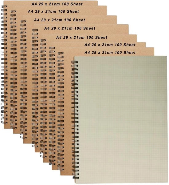 Pacchetto di 8 Quaderni A4 con Carta con Rughetta, Copertina in Carta Kraft, Pagine Quadrangolari 5mm, 200 Fogli, Quaderno Spirale per Scuola e Ufficio, 51.4 x 28.7 cm