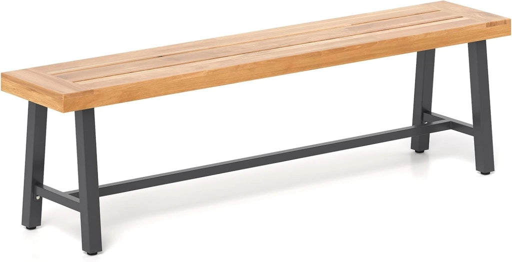 Set di 2 Panchine da Giardino in Legno di Acacia a 3 Posti, Panca da Esterno Senza Schienale con Gambe in Metallo, Panca Capacità di 360 kg per Ingresso, Cortile e Balcone, 160 x 32 x 45 cm