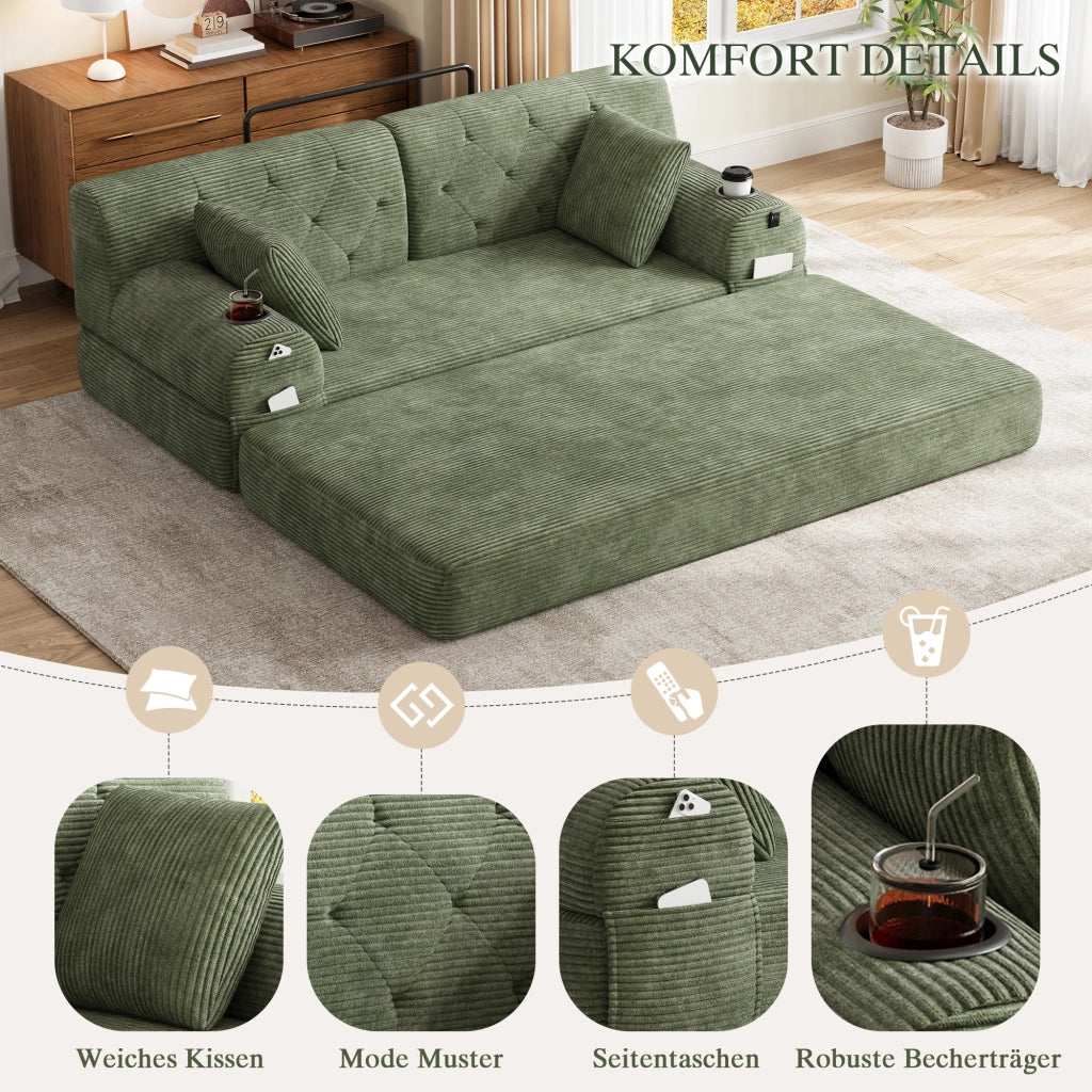 DIVANO LETTO 168x80x81 cm Corduroy Verde, schienale alto, 2 portabicchieri