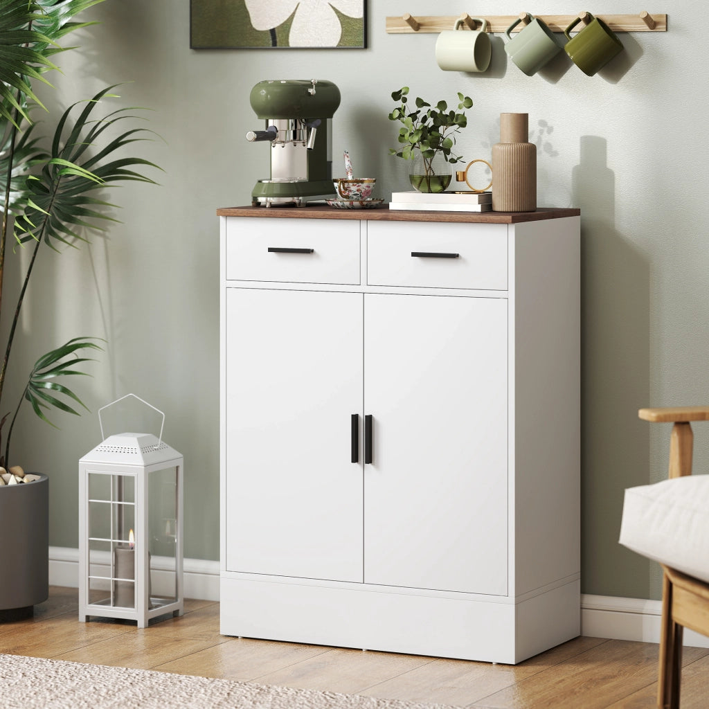 Credenza Moderna 2 Cassetti e Armadietto 2 Ante, Ripiano Interno Regolabile, Bianco e Legno 963337