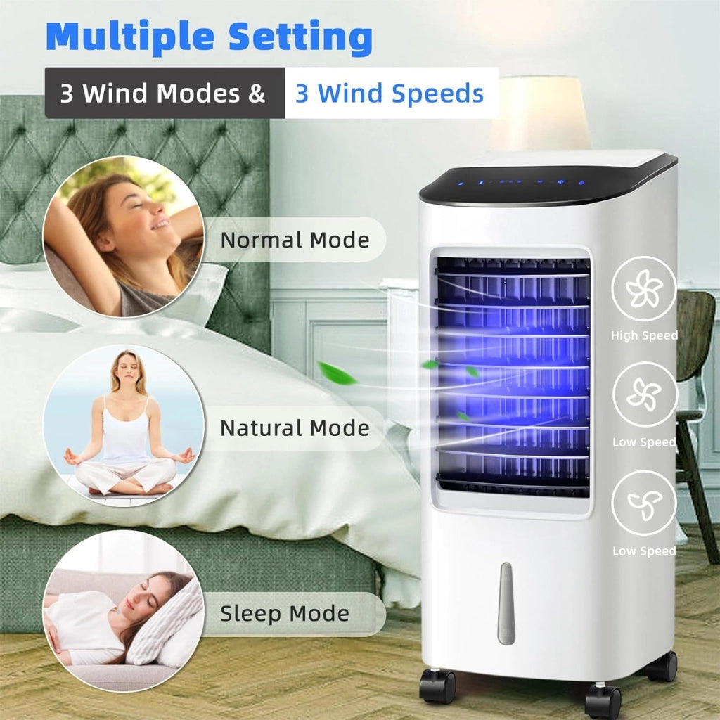 Raffreddatore d’Aria 65W, 3 in 1 Air Cooler, Umidificatore, Ventilatore, Ventilatore Condizionatore Portatile con Telecomando, 3 Velocità, Timer 7,5H, Serbatoio dell'Acqua da 7L